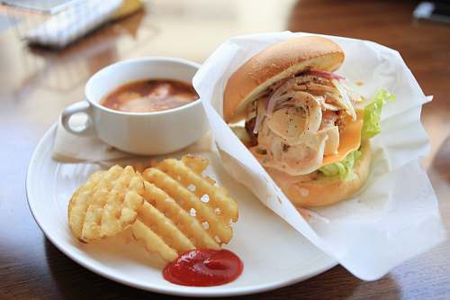 food on plate sandwich served on white ceramic plate with cup of coffee food presentation